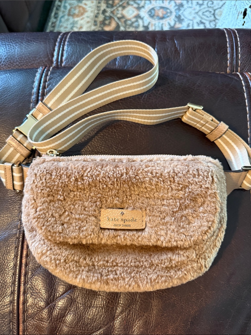 kate spade Tan Faux Fur Crossbody Belt Bag with Striped Strap